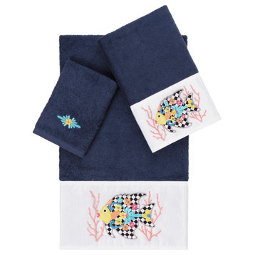 Linum Home Turkish Cotton Feliz 3-Piece Embellished Towel Set, Midnight Blue