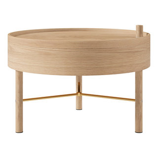 Modern Round Wood Rotating Tray Coffee Table with Storage & Metal Legs in  Natural