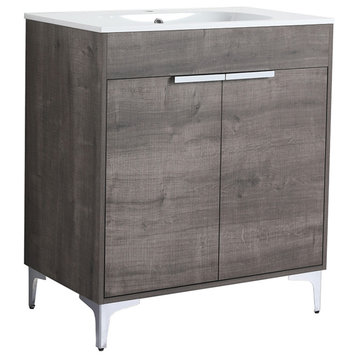 Single Vanity, Gray Oak Finish With Solid Surface Resin White Sink, 30"