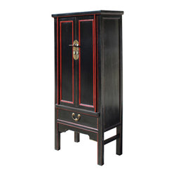 Chinese Distressed Black Red Simple Tall Slim Storage Cabinet - Accent Chests And Cabinets