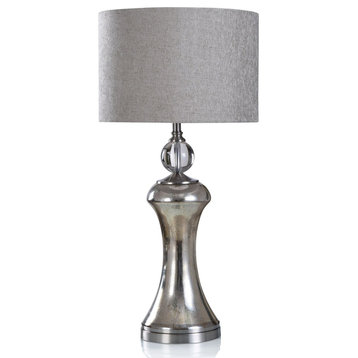 Eason Table Lamp Silver Finish On Glass Body With Metal Base Hardback Shade