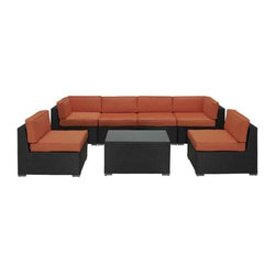 Modway - Aero Outdoor Rattan 7 Piece Set In Espresso With Orange Cushions - Eei- - Outdoor Lounge Sets