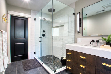 Example of a mid-sized master white tile gray floor, double-sink and wallpaper corner shower design in Portland with flat-panel cabinets, dark wood cabinets, an undermount sink, quartz countertops, a hinged shower door, white countertops, a niche and a floating vanity