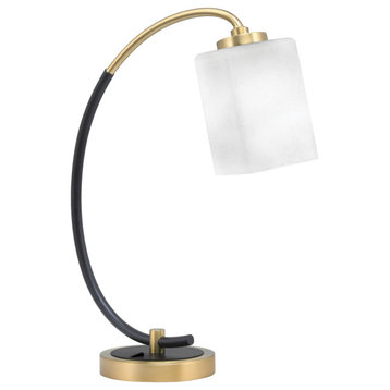 1-Light Desk Lamp, Matte Black/New Age Brass, 4" Square White Muslin Glass