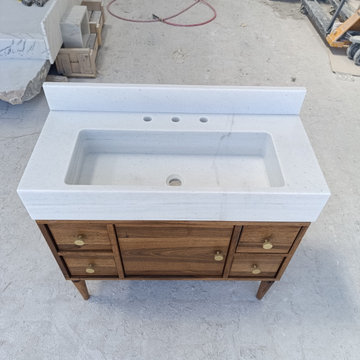 Custom White Marble Floating Sink Vanity with Walnut Cabinet