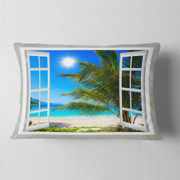 Window Open to Beach with Palm Seashore Throw Pillow, 12"x20"