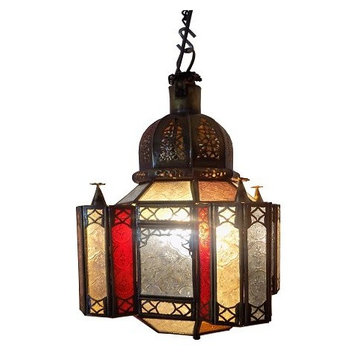 Moroccan Hanging Pendant Lantern Carved Brass Finish & Stained Glass Lamp
