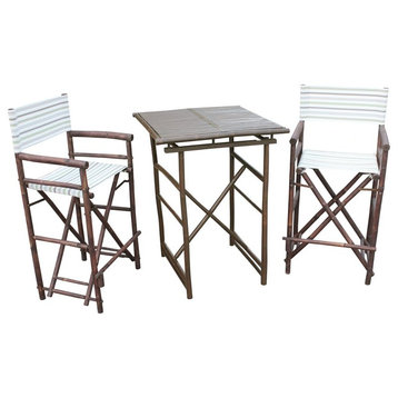Bamboo Expresso Pub Set With 2 White Stripe High Director Chairs & Square Table