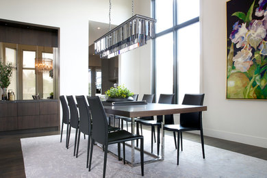 Example of a trendy dark wood floor dining room design in Calgary with white walls