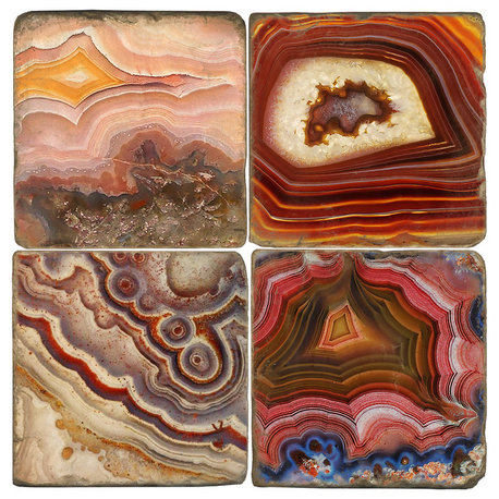 Tumbled Marble Coaster St/4 With Coaster Stand, Banded Agate
