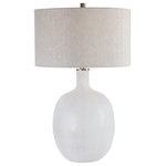 Uttermost - Whiteout Table Lamp - Beautiful and functional, this table lamp features a glass base finished in a heavily textured, mottled aged white, accented by brushed nickel plated details. The round hardback drum shade is a light oatmeal linen fabric with natural slubbing.