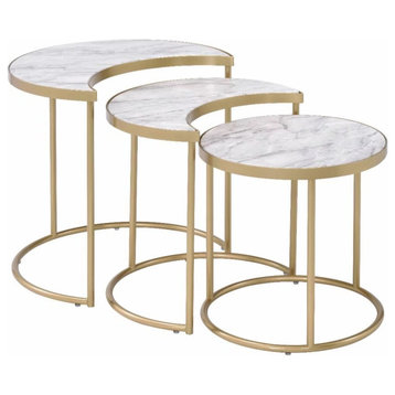 3 Piece Nesting Table, Half Moon, Round Design With Gold Base, Faux Marble Top