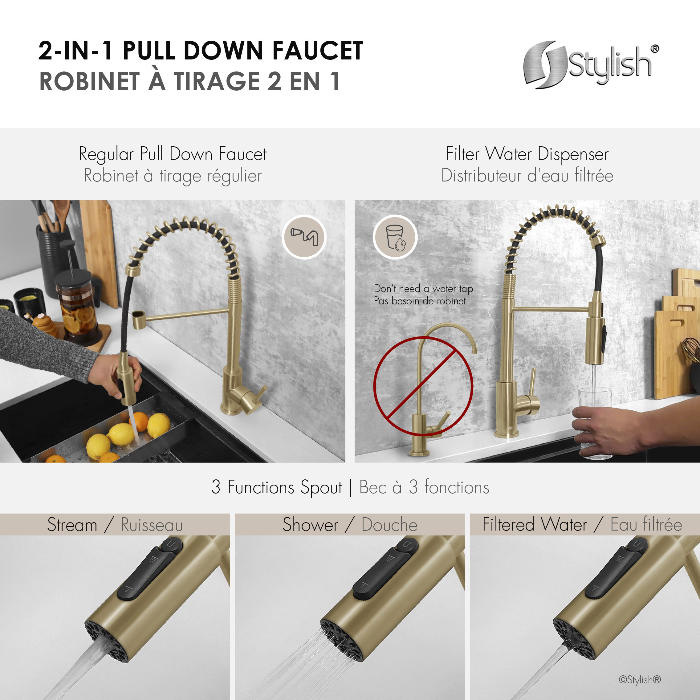 STYLISH Milano Pull-Down Kitchen Faucet with water filter, Stainless Steel., Brushed Gold