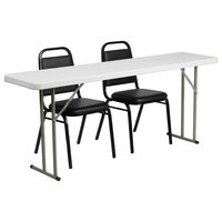 18"x72" Plastic Folding Training Table 2 Trapezoidal Back Stack Chairs, Black