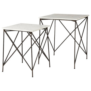 Lorlei White Marble Top With Antique Gold Legs Side Table, 2-Piece Set