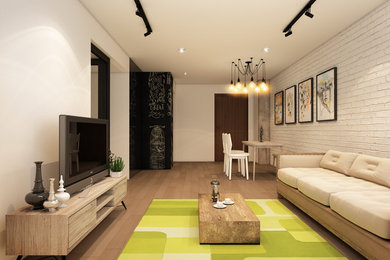 Inspiration for a zen open concept vinyl floor living room remodel in Singapore