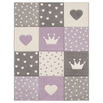 Kids Rug Checkered With Hearts and Crowns, Purple, 6'7"x9'6"