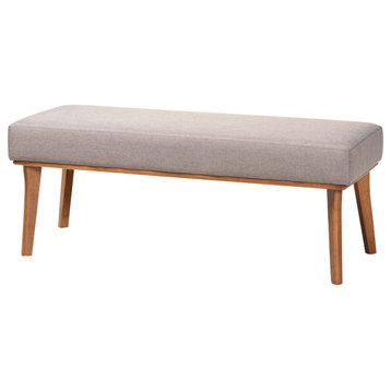 Christel Mid-Century Gray Fabric and Walnut Brown Wood Dining Bench