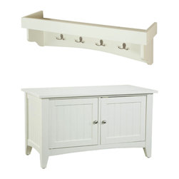 Bolton Furniture - Shaker Cottage Storage Bench/Coat Hooks w/Tray, Ivory - Hall Trees