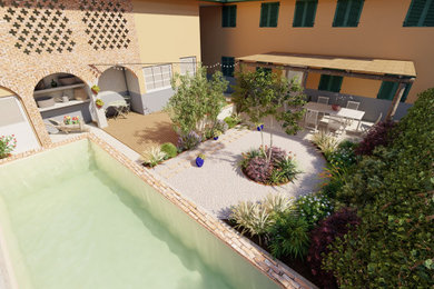 Esempio di un grande giardino formale country esposto in pieno sole davanti casa in estate con gazebo, pavimentazioni in cemento e recinzione in metallo