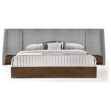 Luna Modern Gray Fabric and Walnut Bed and Nightstands, Queen
