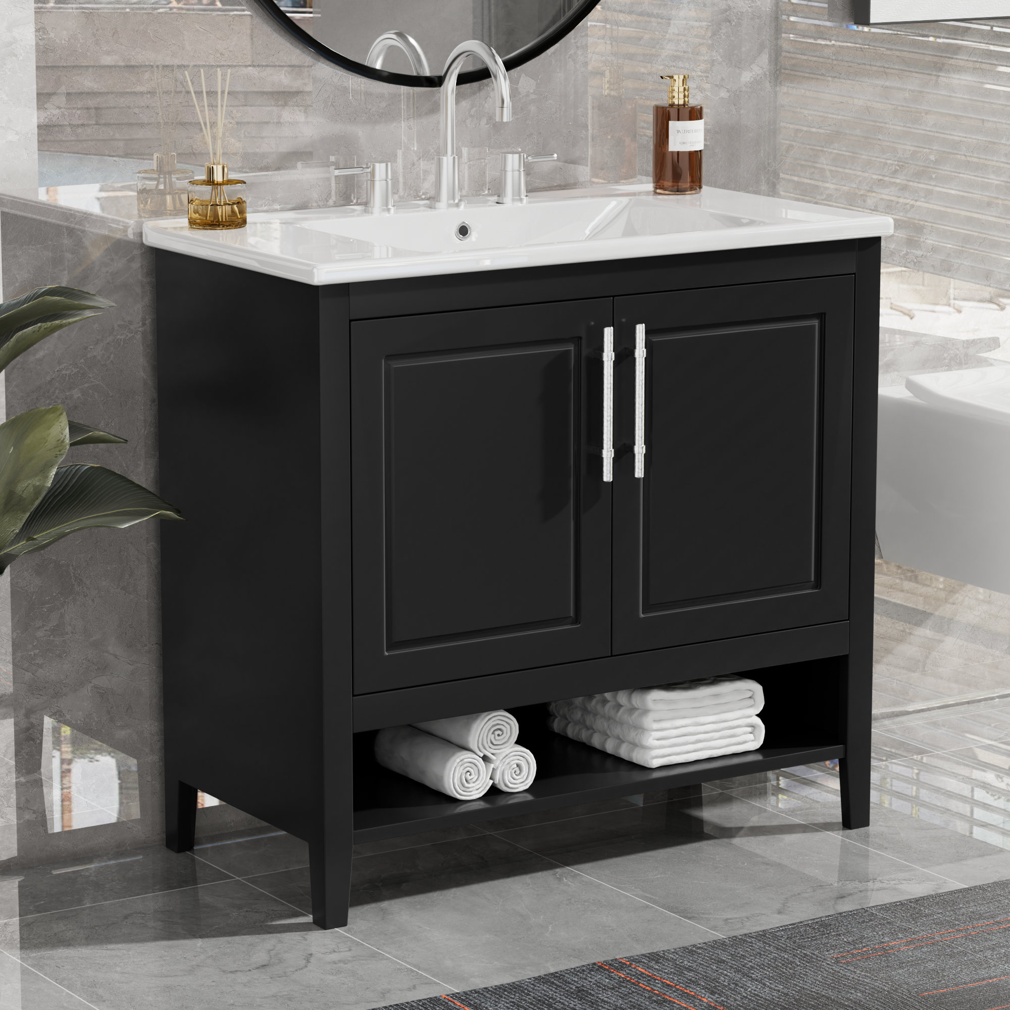 TATEUS 36" Bathroom Vanity with Sink, Multi-functional Bathroom Cabinet, Black - Transitional ...