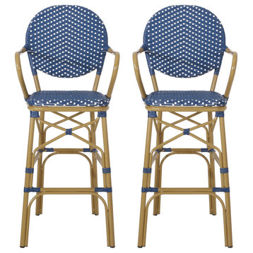 Danberry Outdoor 29.5" French Barstools, Set of 2, Bamboo Print Finish/Navy Blue/White