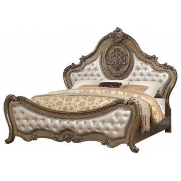 Queen Tufted Bronze Upholstered Faux Leather Bed With Nailhead Trim