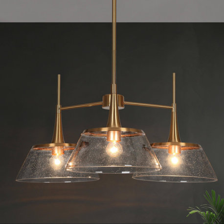 LNC 3-Light Polished Gold with Seedy Glass Linear Modern/Contemporary Chandelier