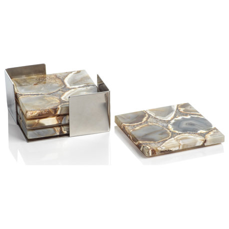 Corfu 4-Piece Set Agate Coasters on Metal Tray, Taupe-Brown