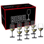 Riedel - Riedel Vinum Viognier/Chardonnay Glass - Buy 6 Get 8 - Set of 8 - This Riedel Vinum Chablis/Chardonnay stemware set is an amazing value at 8 glasses for the price of 6. The glasses in this set of eight were specifically designed to bring balance and harmony into medium bodied, crisp white wines such as chardonnay, Semillon and Chablis. The design of the bowl directs the wine to the area of the palate that will highlight the rich fruit while balancing its moderate acidity.