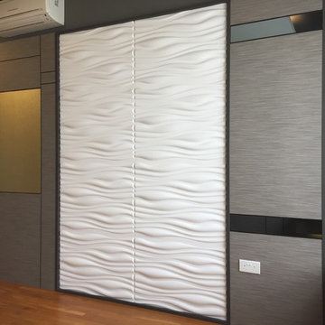 Wood panel feature wall design for master bedroom.