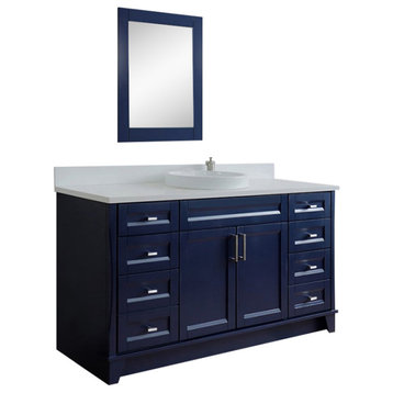 61" Single Sink Vanity, Blue Finish And White Quartz And Round Sink