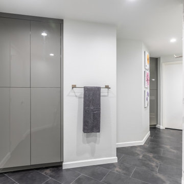 Dark floor grounds the space