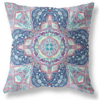 18� Blue Pink Floral Geo Indoor Outdoor Zippered Throw Pillow