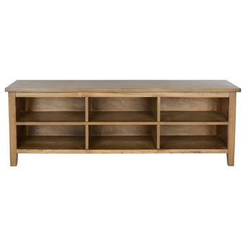 Low Profile Bookcase, Elm Wood Construction With 6 Large Open Compartments, Oak
