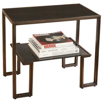 Midcentury Minimalist Bronze Accent Table, Black Granite Top Shelf Open
