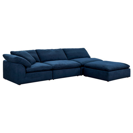 4-Piece Slip-Covered Modular Sectional Sofa With Ottoman, Navy Blue