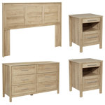OSP Home Furnishings - Stonebrook 4 Piece Bedroom Set, Classic Walnut Finish, Canyon Oak - Create the perfect bedroom or guest room with our Stonebrook bedroom set. Suite includes: One Queen/full headboard, two USB powered nightstands and one 6-drawer dresser. Deep drawers make putting even bulky folded items away easy. Dresser drawers have sturdy metal drawer glides with safety stops, elevating these dressers to a bedroom favorite for years to come. Achieve a chic, modern, aesthetic with either a blonde or deep walnut woodgrain finish that will fit in effortlessly with popular styles like Rustic Coastal, Modern Farmhouse or an eclectic Boho vibe. Assembly required. 6 Drawer Dim-56.25" W x 17.5" D x 32.75" H, Nightstand Dim-18.5" W x 18" D x 24.75" H, Queen/Full Headboard Dim-: 67" W x 3" D x 48.25" H