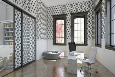 Example of a mid-sized classic freestanding desk light wood floor and beige floor home office design in Los Angeles with multicolored walls
