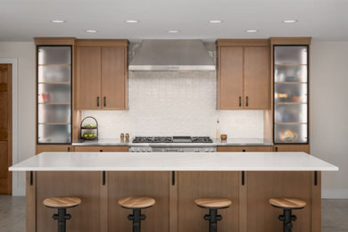 Minimalist kitchen photo in Milwaukee with white backsplash, stainless steel appliances and white countertops