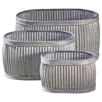 Oval Planters, Set of 3, Galvanized Metal, 24 1/2, 20 and 14 1/2