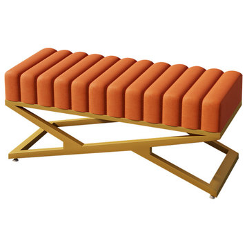 Modern Bedroom Bench Orange Velvet Upholstered Ottoman Bench in Gold X-Base