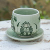 Novica Handmade Luxuriant Lotus Celadon Ceramic Cup And Saucer