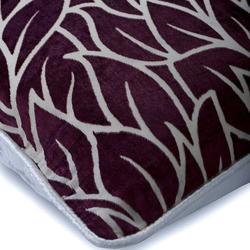 Purple Decorative Pillow Cover, Leaf Design 18"x18" Velvet, Plummy Leaves
