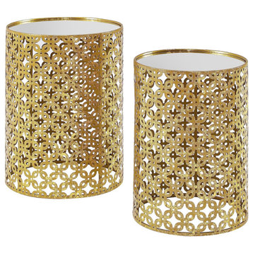 Set of 2 End Table, Unique Design With Gold Metal Legs & Round Mirrored Top