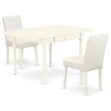 3Pc Dining Set For 2, Table, 2 Chairs, White Color Pu Leather, Drop Leaf Table