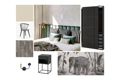Idee per una camera matrimoniale minimal di medie dimensioni con pareti beige, parquet scuro, pavimento grigio e carta da parati