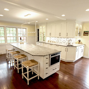 White Cabinets, Grey Countertops and Edgy Tile Backsplash