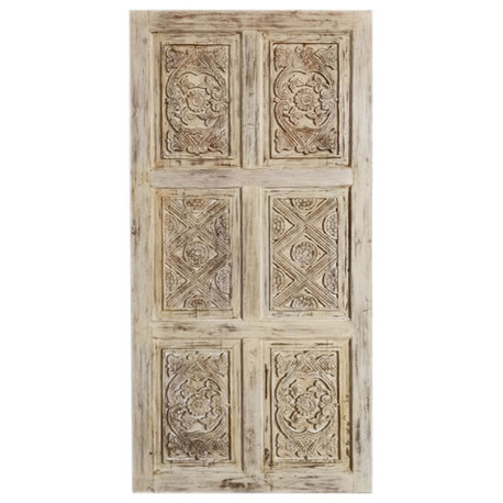 Consigned Vintage Whitewash Floral Carved Wood Sliding Barn Doors 96